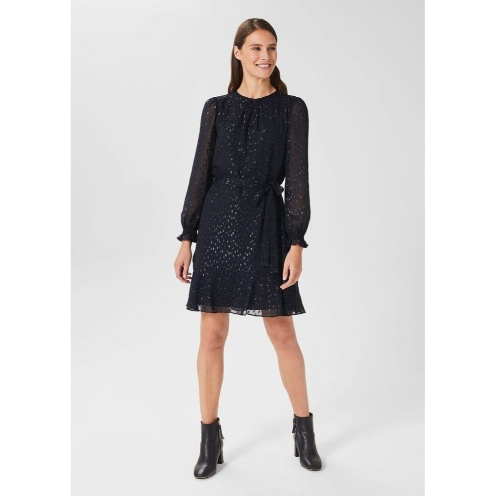 Hobbs London Frances Dress Size 8 Navy Blue Spot Shimmer Career Cocktail Chic